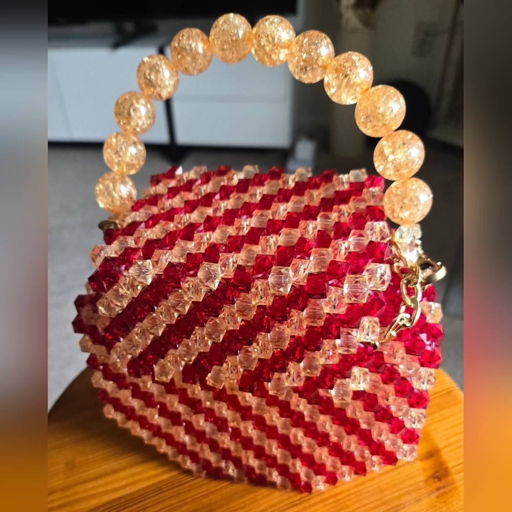 Elegant Red and Crystal Gold Authentic Beaded Mini Bag